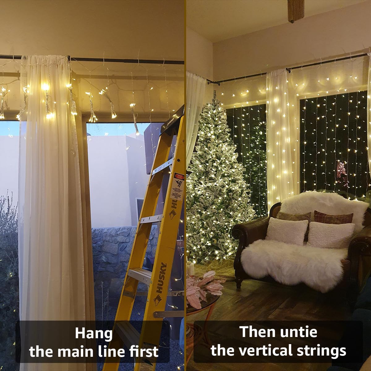 LE Curtain Lights Battery Powered, 3m x 3m 300 LED Warm White Fairy Curtain Lights, USB Powered 8 Modes Curtain Fairy Lights for Birthday Decorations, Wedding, Party, Garden, Bedroom, Remote Control
