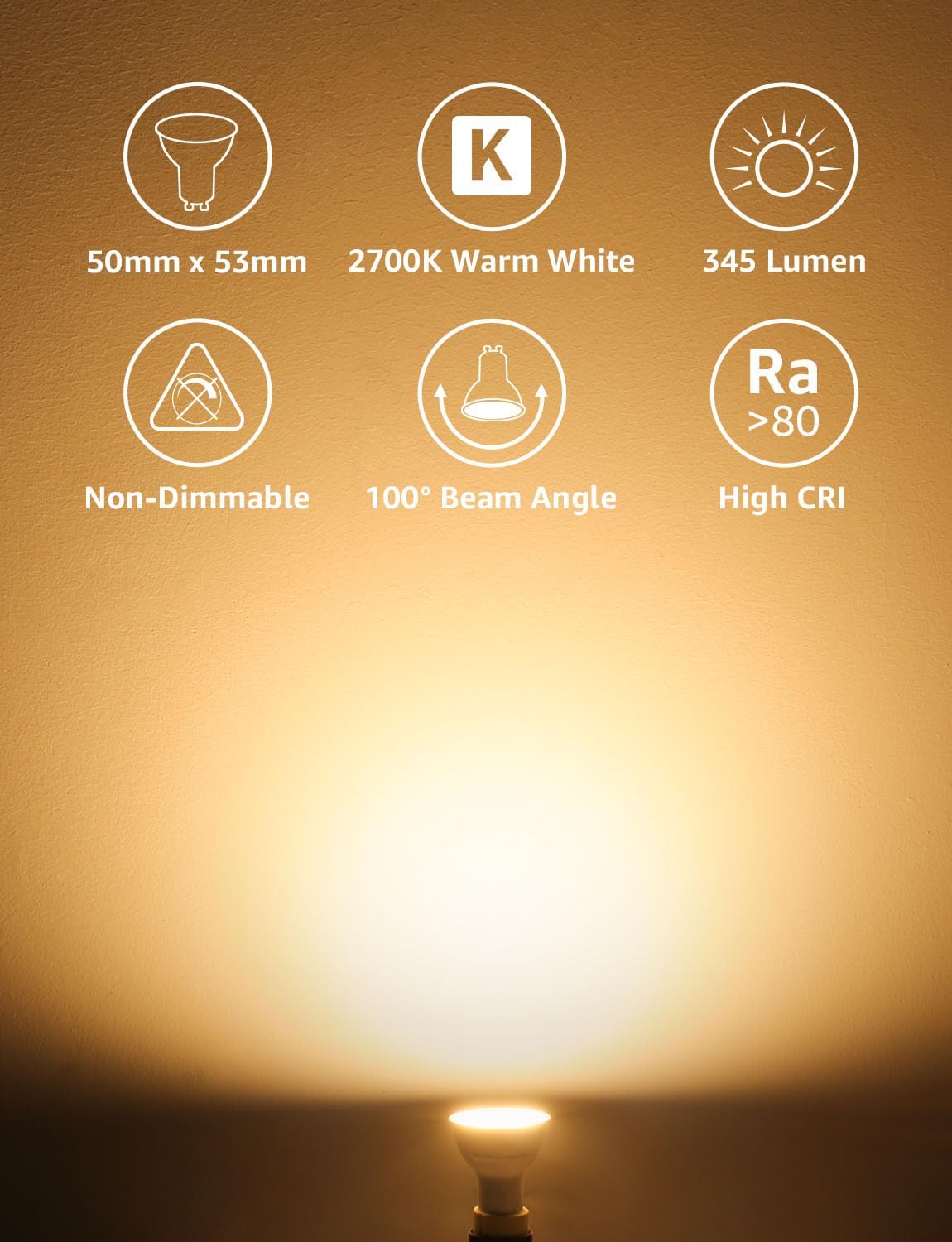 Lepro GU10 LED Bulbs Warm White, 4W 345lm 2700K, Energy Saving GU10 LED Light Bulbs, 50W Halogen Spotlight Equivalent, 100° Beam Angle, Non Dimmable, Pack of 5