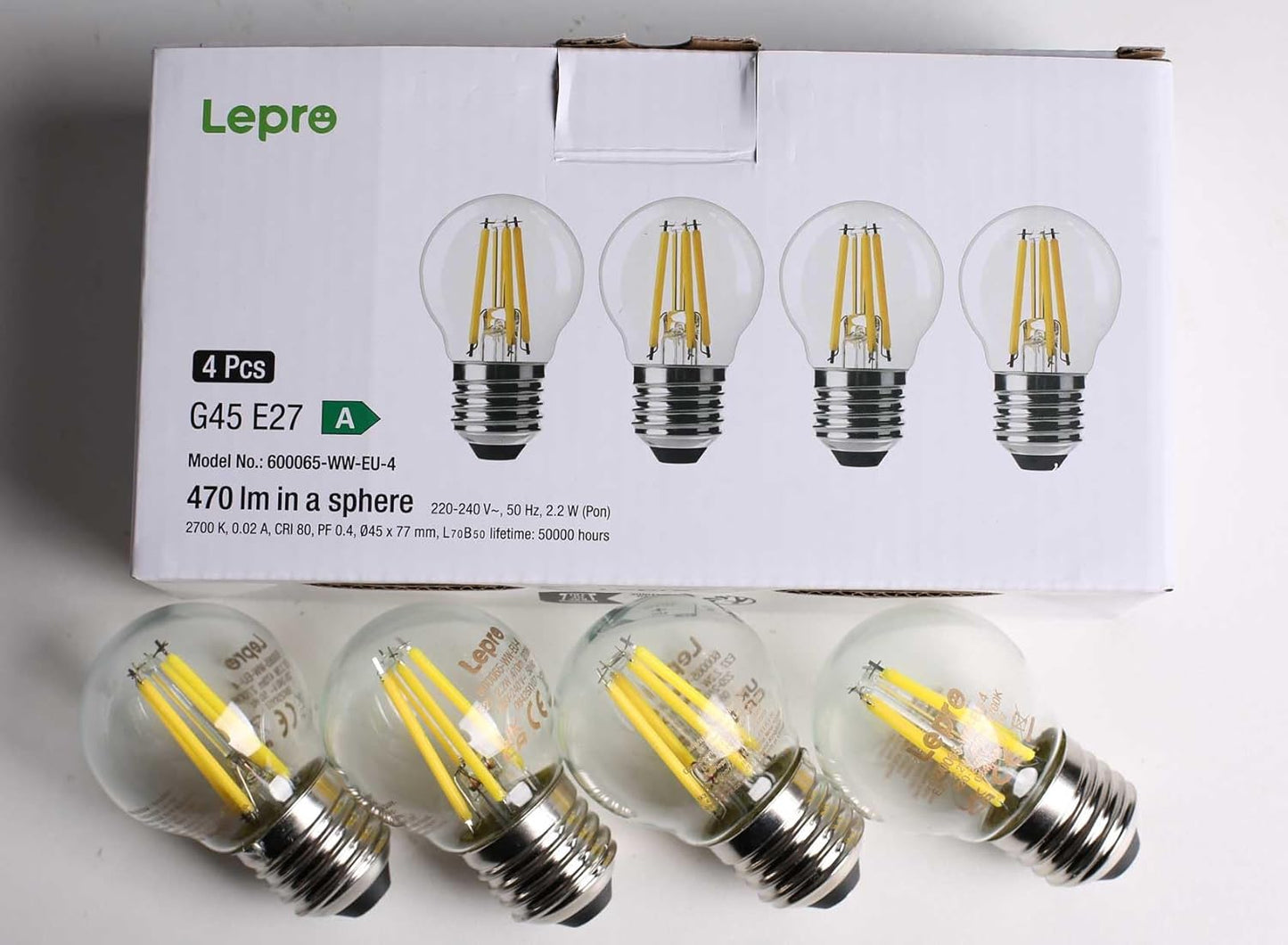 Lepro E27 Golf Ball Bulb, Ultra Efficient A-Rated, 2.2W = 40W, 470lm, Warm White 2700K, 50000H Lifespan, Edison Screw in Light Bulb, Clear Glass Vintage Filament Bulb, Pack of 4