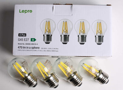 Lepro E27 Golf Ball Bulb, Ultra Efficient A-Rated, 2.2W = 40W, 470lm, Warm White 2700K, 50000H Lifespan, Edison Screw in Light Bulb, Clear Glass Vintage Filament Bulb, Pack of 4