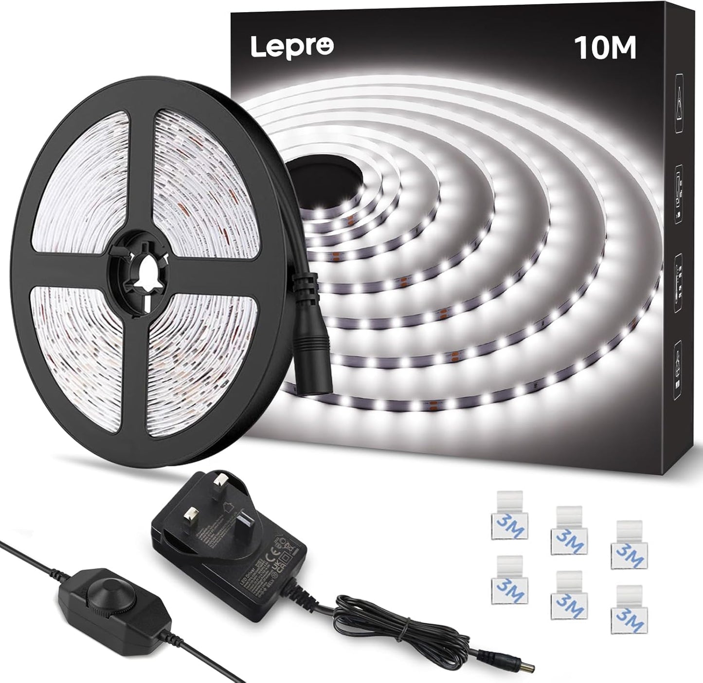 Lepro White LED Strip Light 10M, 2000lm Dimmable LED Lights, 24V UK Plug LED Strip with Dimmer Switch, 6000K Cool White Strip Lights for Kitchen, Cabinet, Wardrobe, Conservatory, Garage (1 Roll)