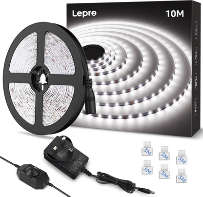 Lepro White LED Strip Light 10M, 2000lm Dimmable LED Lights, 24V UK Plug LED Strip with Dimmer Switch, 6000K Cool White Strip Lights for Kitchen, Cabinet, Wardrobe, Conservatory, Garage (1 Roll)