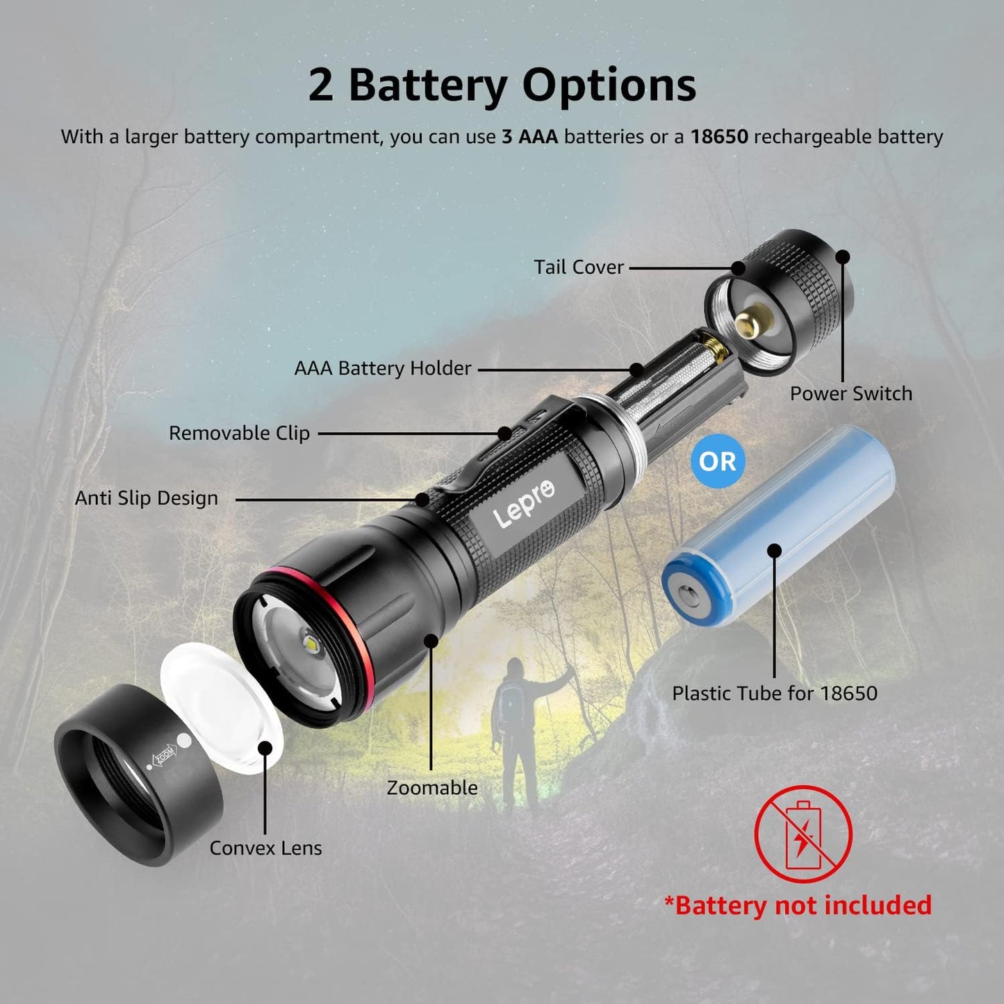 Lepro LED Torch Super Bright, LE2050 Pocket Flashlight, Zoomable, Waterproof, 5 Modes, Clip On, Small Hand Torch Powered by 18650 or AAA Battery (Not Included), for Power Cuts, Camping, Dog Walking