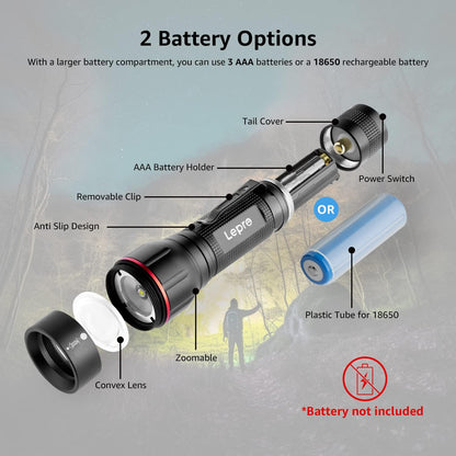 Lepro LED Torch Super Bright, LE2050 Pocket Flashlight, Zoomable, Waterproof, 5 Modes, Clip On, Small Hand Torch Powered by 18650 or AAA Battery (Not Included), for Power Cuts, Camping, Dog Walking