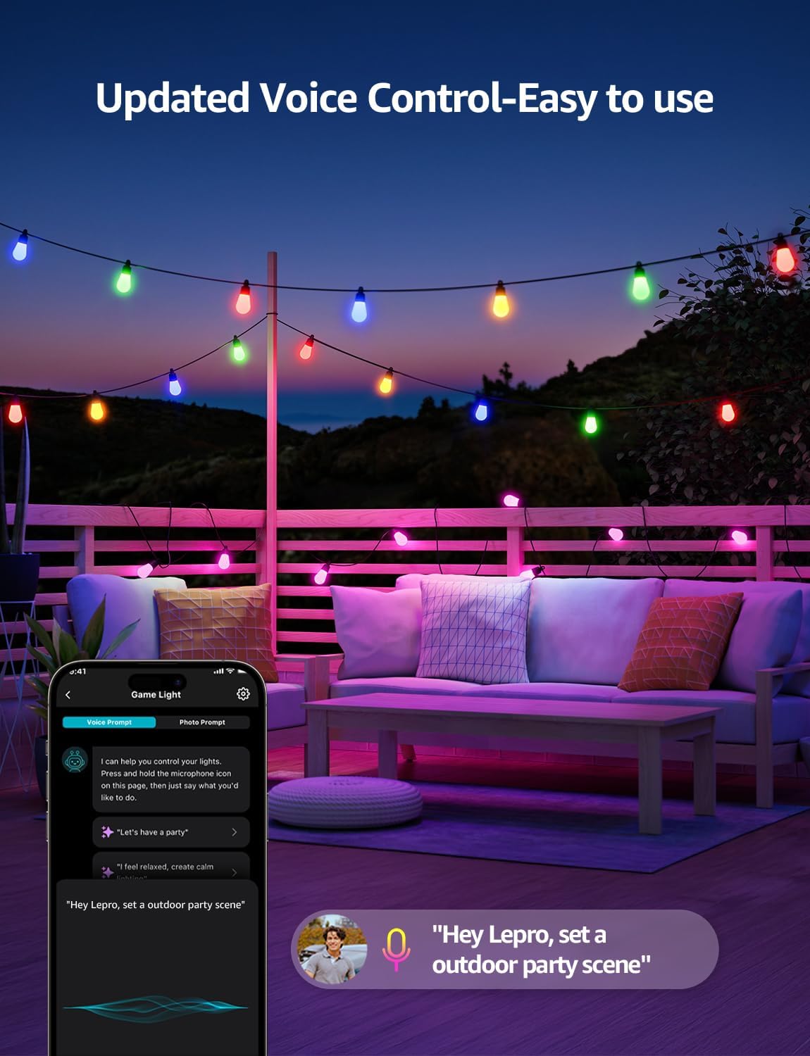 Lepro ZB1 AI Outdoor String Lights 15m, Smart Outdoor Lights Waterproof IP65, Dimmable Warm White Garden String Lights, AI Lighting Design Assistant, Works with Alexa, Bluetooth & 2.4G WiFi, No Remote