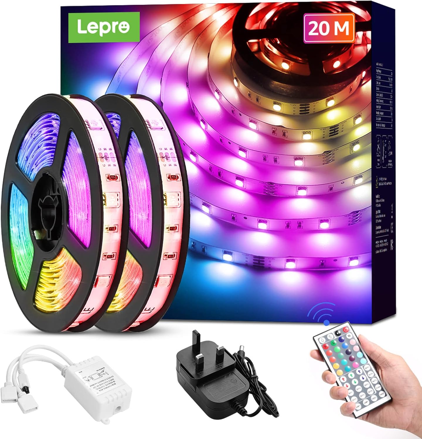 Lepro 20M LED Strip Lights with Remote, Dimmable, RGB Colour Changing, Stick-on Long LED Lights for Bedroom, Kitchen, Room Decoration (2 x 10M, Plug and Play, Bright 5050 LEDs)