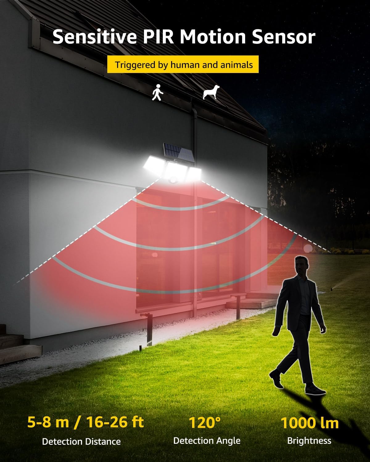Lepro Solar Security Lights, 1200LM Solar Floodlights Motion Sensor with 360 Degree 3 Adjustable Heads, IP65 Waterproof, Wide Lighting Angle Solar Lights Outdoor for Yard Garage Pathway