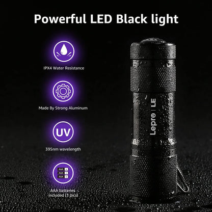 Lepro LE UV Torch, 9 LED 395nm Ultraviolet Flashlight, Blacklight Detector for Pet Urine, Stain, Bed Bugs and More, 3 AAA Batteries Included