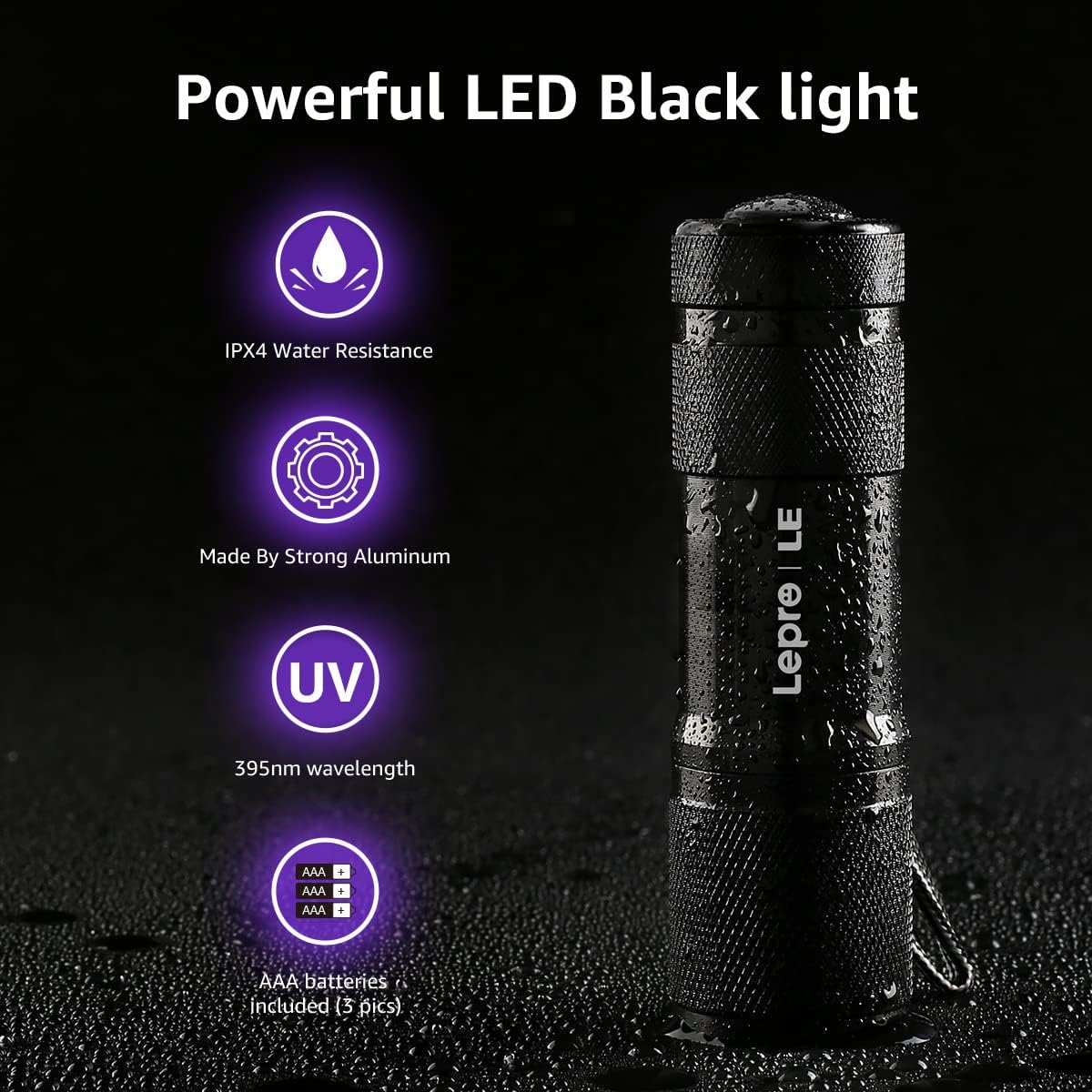 Lighting EVER Lepro LE UV Torch, 9 LED 395nm Ultraviolet Flashlight, Blacklight Detector for Pet Urine, Stain, Bed Bugs and More, 6 AAA Batteries Included