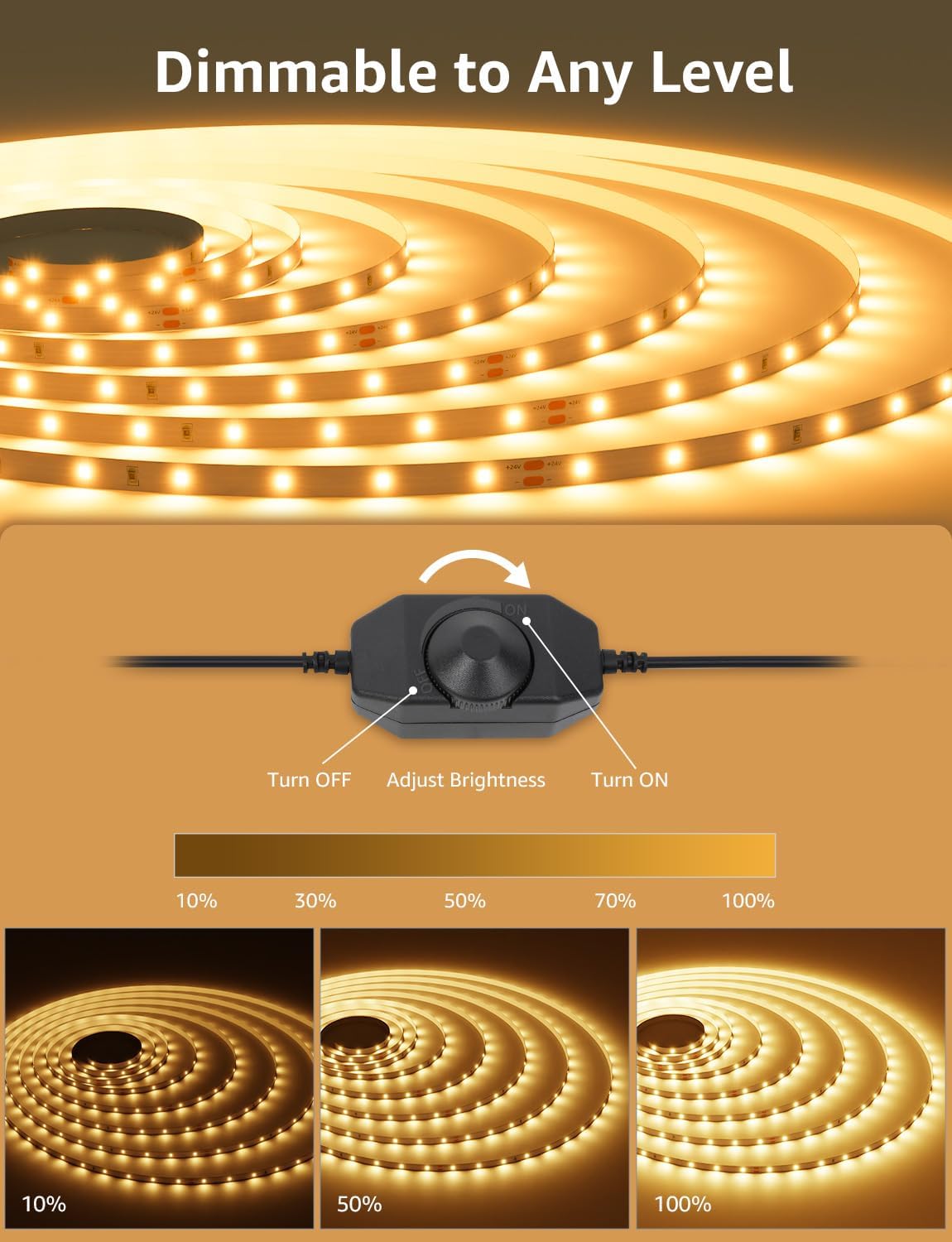 Lepro LED Strip Light Warm White 10M, 2000lm Dimmable LED Taple, 24V UK Plug in LED Strip with Dimmer Switch, 3000K Flexible Stick-on LED Lights for Bedroom, Kitchen, Cupboard, Shelf (1 Roll)