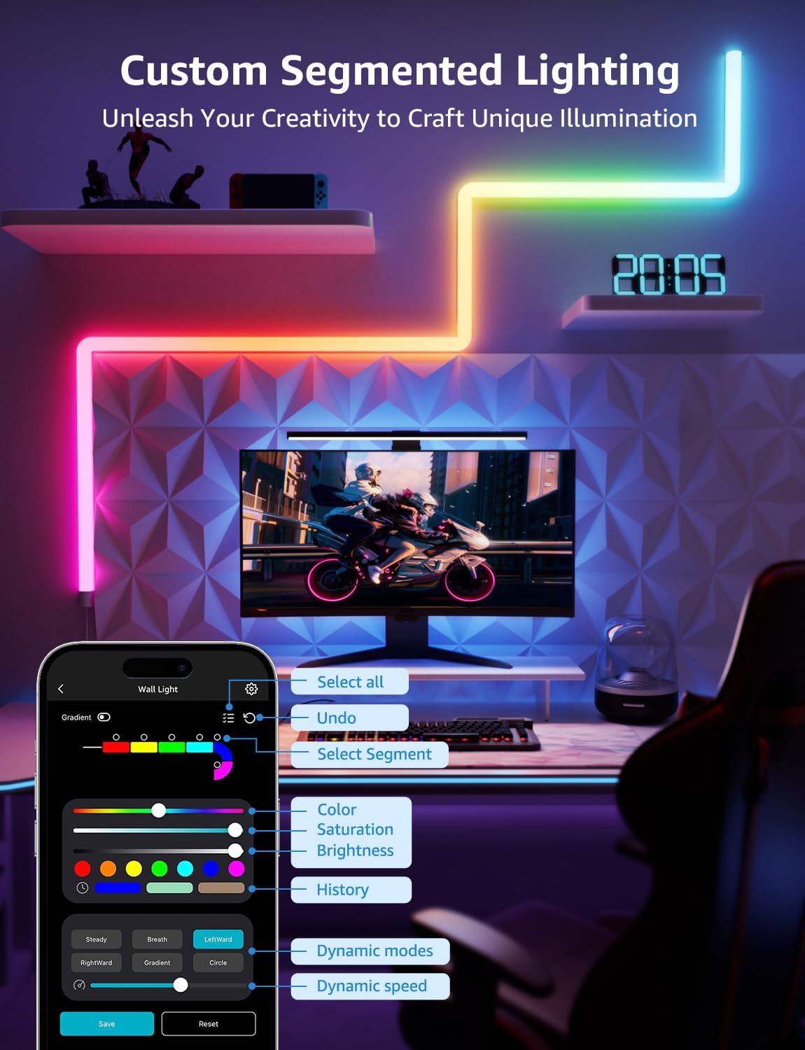 Lepro WL1 AI Smart Wall Light, Music Sync RGB Light Bar, Voice Control, AI Lighting Design Assistant, Mood Light for Home Decor, Gaming Light, Work with Alexa, Google Assistant,6 Pcs with 4 Corners