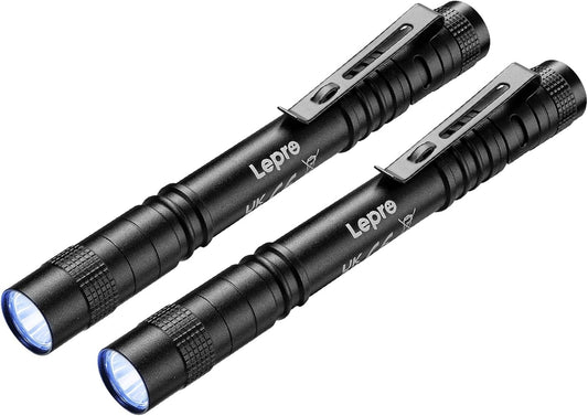 Lepro UV Torch Light, 365nm Ultraviolet Flashlight, Lightweight UV Pen Torch with Clip, High UV Purity, Small UV Light Torch, Black Light Detector for Pet Urine, Stain, Bed Bugs, and More, 2 Packs