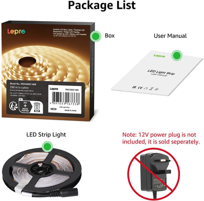 Lepro 5M Warm White LED Strip Without 12V Power Plug, 2300lm 3000K LED Tape, 300 2835 LEDs, Stick on LED Lights for Bedroom, Kitchen Cabinet, Under Cupboard, DIY and More