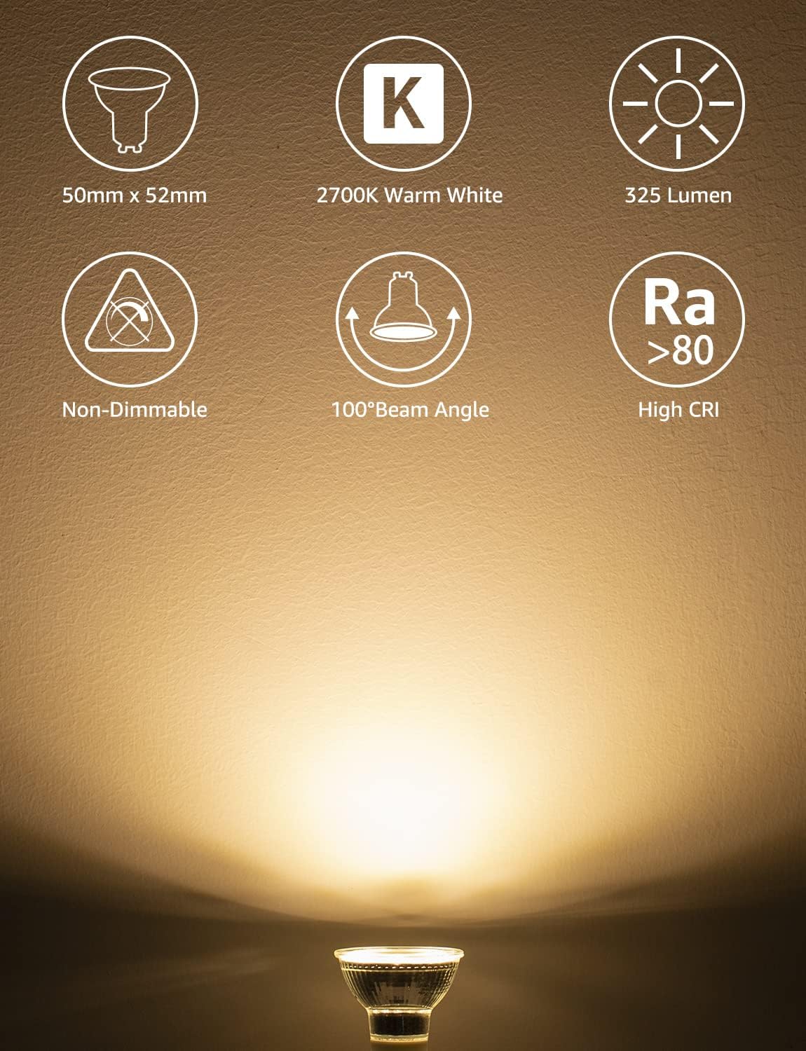 Lepro GU10 LED Bulbs, Warm White 2700K, 4W 325lm, 50W Halogen Spotlight Equivalent, Energy Saving GU10 LED Light Bulbs, 100° Wide Beam, Non-dimmable, Pack of 10