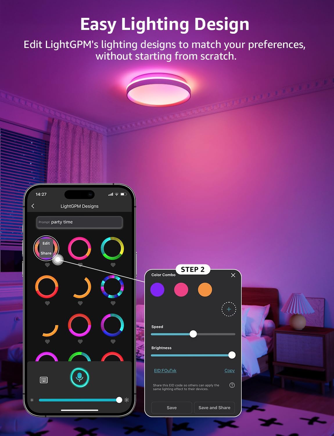 Lepro T1 AI Smart Ceiling Light 24W, Music Sync, Voice Control, AI Lighting Design Assistant, Waterproof Bathroom Light, Bluetooth WiFi Color Changing Ceiling Light, Work with Alexa, Google Home, 29CM
