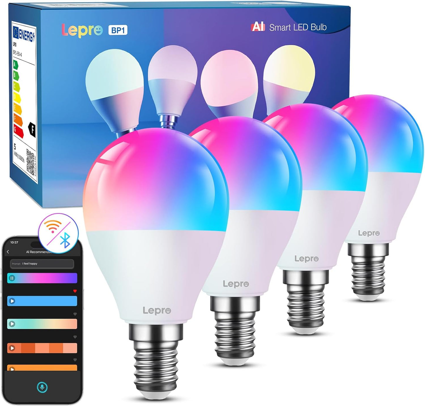 Lepro BP1 AI Smart Bulb E14, Voice Control Bluetooth & WiFi Bulb, Music Sync Small Screw Bulb, Colour Changing Light Bulb, LLM AI Lighting Design Assistant, Work with Alexa & Google Assistant, 4 Packs