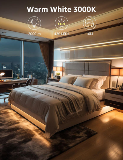 Lepro LED Strip Light Warm White 10M, 2000lm Dimmable LED Taple, 24V UK Plug in LED Strip with Dimmer Switch, 3000K Flexible Stick-on LED Lights for Bedroom, Kitchen, Cupboard, Shelf (1 Roll)