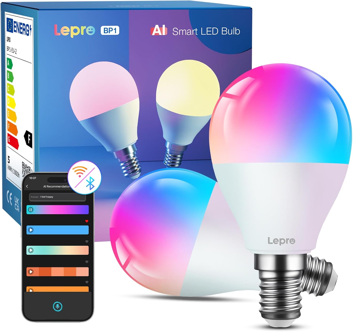 Lepro BP1 AI Smart Bulb E14, Music Sync WiFi Bulb, Voice Control, Bluetooth Colour Changing Bulb, LLM AI Lighting Design Assistant, Dimmable Golf Ball Bulb, Work with Alexa & Google Assistant, 2 Packs