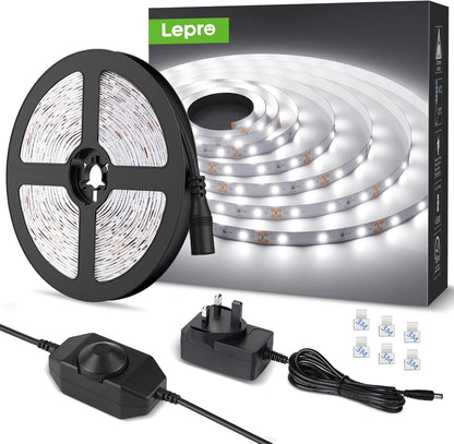 Lepro LED Strip Light White 5M 300 LEDs, 1650lm Dimmable Strip Lights for Kitchen, Cool White 6000K Daylight LED Strip for Under Units Cabinet Cupboards (12V Power Plug and Dimmer Switch Included)