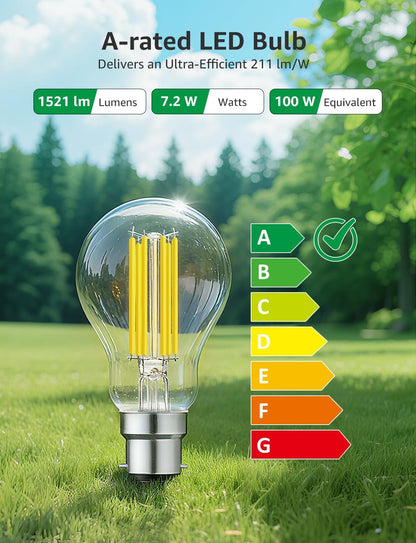 Lepro LED Light Bulbs Bayonet, Ultra Efficient A-Rated B22 Bulb, 7.2W = 100W, 1521lm, 2700K Warm White, 50000H Lifespan, Clear Filament, Glass, Non-dimmable, Pack of 2