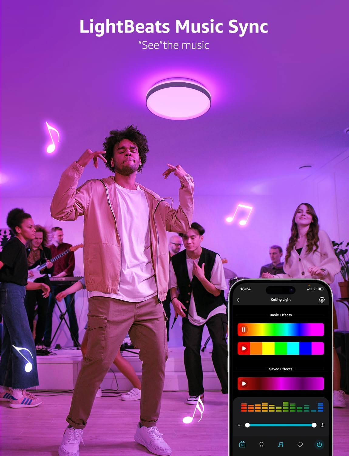 Lepro T1 AI Smart Ceiling Light 24W, Music Sync, Voice Control, AI Lighting Design Assistant, Waterproof Bathroom Light, Bluetooth WiFi Color Changing Ceiling Light, Work with Alexa, Google Home, 29CM