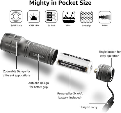 Lepro LE LED Torch Battery Powered, LE1000 Hand Flashlight, Adjustable Focus, Water Resistant, Lightweight, for Power Cut, Camping, Dog Walking, Easy to Use Small Torch, Gift for Kids Men Dad, 2 Packs