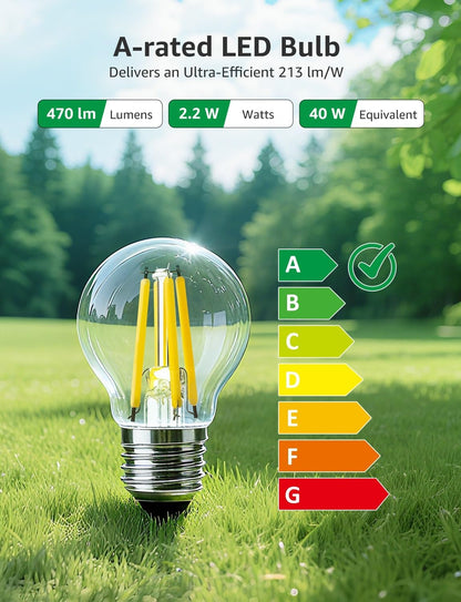 Lepro E27 Golf Ball Bulb, Ultra Efficient A-Rated, 2.2W = 40W, 470lm, Warm White 2700K, 50000H Lifespan, Edison Screw in Light Bulb, Clear Glass Vintage Filament Bulb, Pack of 4