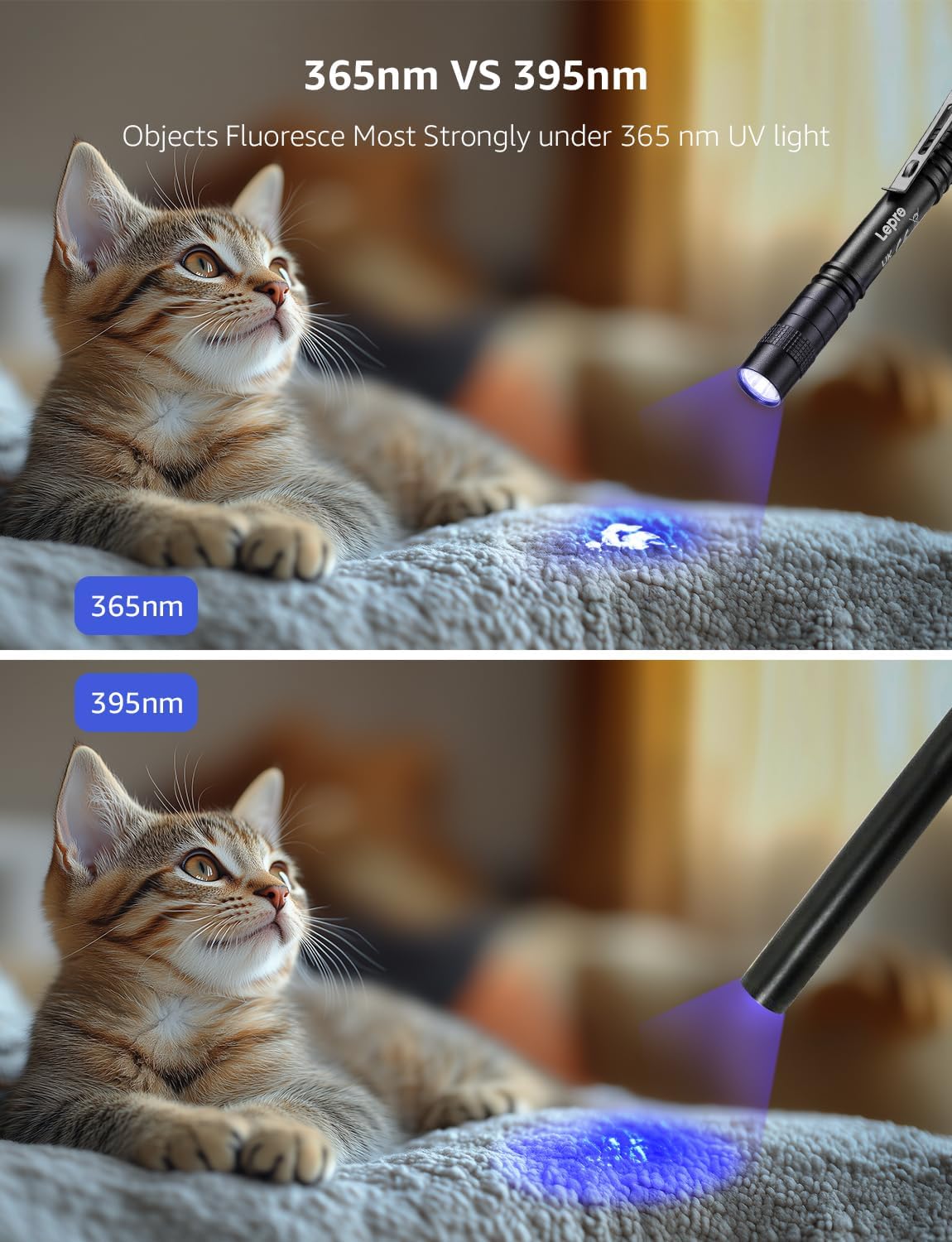 Lepro 365nm UV Torch, Ultraviolet Flashlight, Pen Torch with Clip, High UV Purity, Small Ultraviolet Light Powered by 2 AAA Batteries (Not Included), Black Light Detector for Pet Urine,Invisible Stain