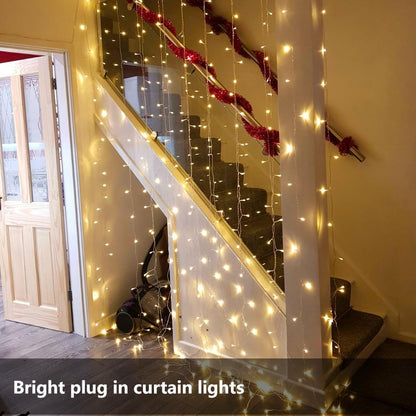 Lepro Curtain Lights Plug in, 3m x 3m 300 LED Warm White Curtain Fairy Lights, 8 Modes Fairy Lights Curtain Mains Powered for Birthday Decorations, Weeding, Party, Garden, Gazebo, Bedroom, Wall