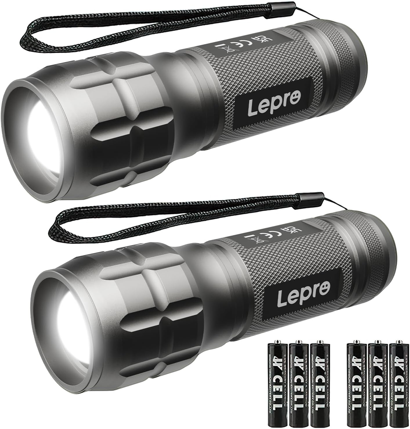Lepro LE LED Torch Battery Powered, LE1000 Hand Flashlight, Adjustable Focus, Water Resistant, Lightweight, for Power Cut, Camping, Dog Walking, Easy to Use Small Torch, Gift for Kids Men Dad, 2 Packs