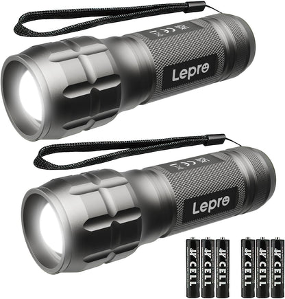 Lepro LE LED Torch Battery Powered, LE1000 Hand Flashlight, Adjustable Focus, Water Resistant, Lightweight, for Power Cut, Camping, Dog Walking, Easy to Use Small Torch, Gift for Kids Men Dad, 2 Packs