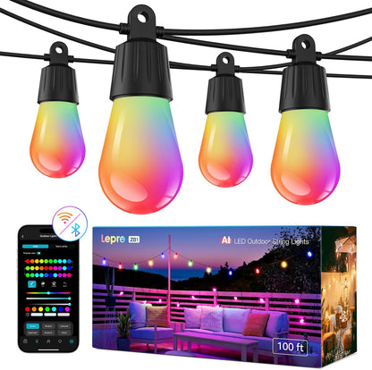 Lepro ZB1 AI Outdoor String Lights 30m, Smart Outdoor Lights Waterproof IP65, Dimmable Warm White Garden String Lights, AI Lighting Design Assistant, Works with Alexa, Bluetooth & 2.4G WiFi, No Remote