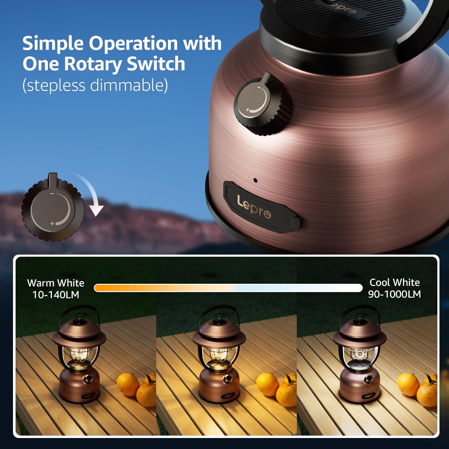 Lepro Retro Camping Lantern, Rechargeable Camping Light with 15000mAh Power Bank, Dimmable 1000 Lumen, Long Battery Life, Rechargeable Lantern for Camping Tent, Power Cuts, Storm, Type C Cable