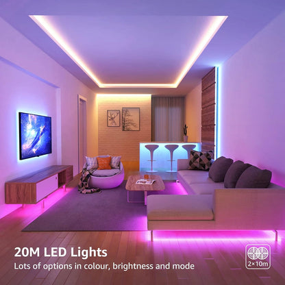 Lepro 20M LED Strip Lights with Remote, Dimmable, RGB Colour Changing, Stick-on Long LED Lights for Bedroom, Kitchen, Room Decoration (2 x 10M, Plug and Play, Bright 5050 LEDs)