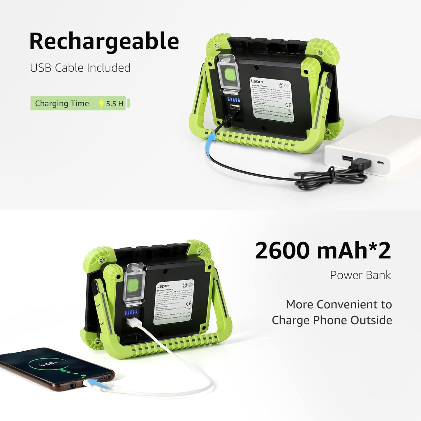 Lepro Work Lights Portable Rechargeable, 2000lm Camping Light Rechargeable, 5 Modes Emergency Lights for Power Cuts, 5200mAh Power Bank, Rechargeable Work Light, Suit as Fathers Day Gifts