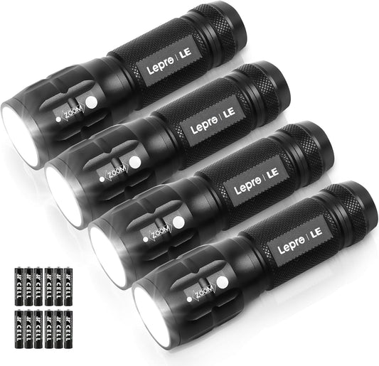 LE LED Torch, LE1000 Powerful Handheld Flashlight, Super Bright, Pocket Size, Lightweight, Suit for Camping, Cycling, Running, Dog Walking and More Outdoor Use, 12 AAA Batteries Included, Pack of 4
