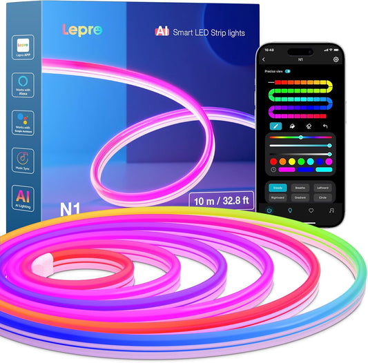 Lepro N1 AI Smart Rainbow Neon Light Strip 10M, 96 LEDs/M, Works with Alexa and Google Home, Music Sync, AI Lighting Design Assistant, IP65 LED Rope Light, MagicColor LED Lights, App & Voice Control