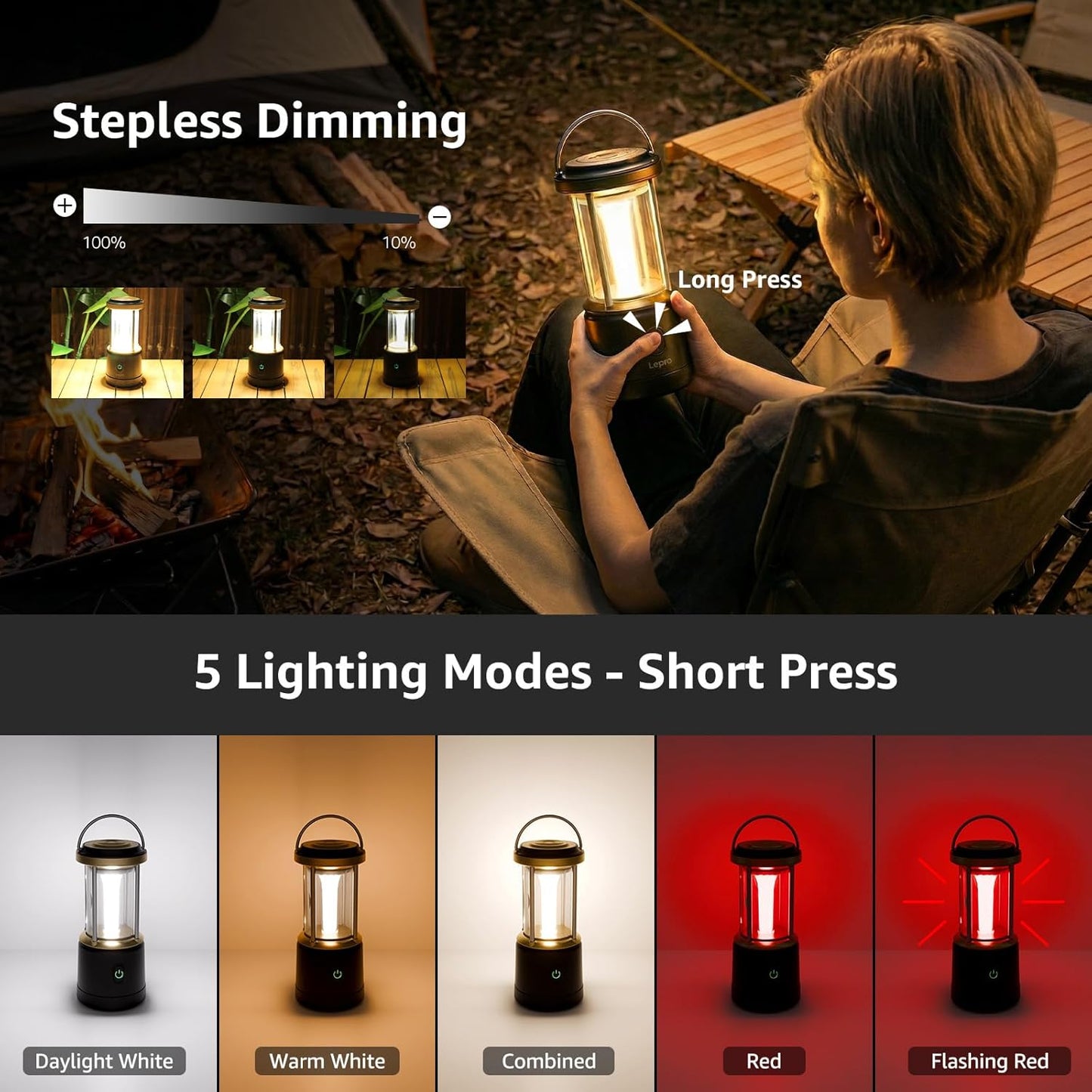 Lepro Camping Lantern, 1100 Lumen Camping Light Battery Powered, Dimmable 5 Modes, Warm White & Cool Light, AA Battery Lantern for Power Cuts, Tents, Fishing, Emergency (AA Batteries Not Included)