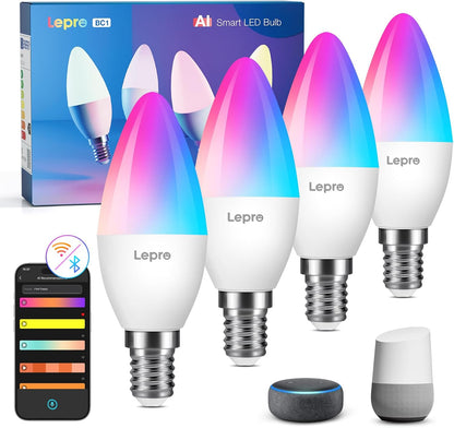 Lepro BC1 AI Smart Bulb E14, Music Sync WiFi Bulb, Voice Control, AI Lighting Design Assistant, Bluetooth Color Changing Light Bulb, RGBCCT Candle Bulb, Work with Alexa & Google Assistant, 4 Packs
