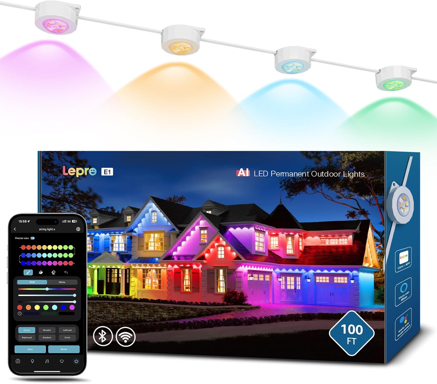 Lepro E1 AI Permanent Outdoor Lights 30m, Smart Outdoor Lights Waterproof, Tunable White, AI Lighting Design Assistant, Colour Changing Eaves Lights, Works with Alexa, 2.4G WiFi & Bluetooth, No Remote