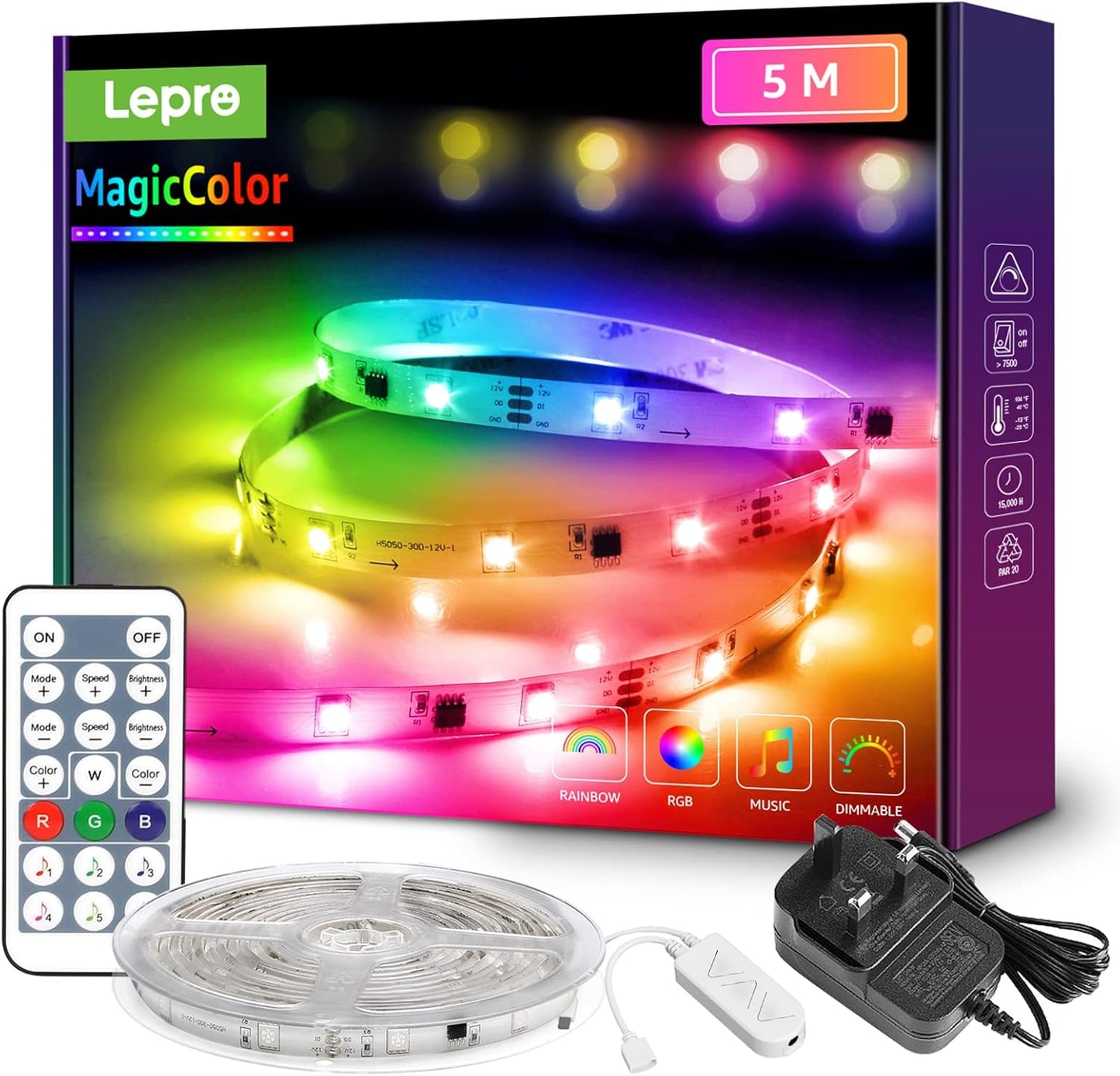 Lepro MagicColor LED Strip Light 5M 150 LEDs, Rainbow Chasing Lights, Music Sync, Multiple Colours on One Line, Remote Control LED Lights for Bedroom, Living Room, Bar, Gaming Time