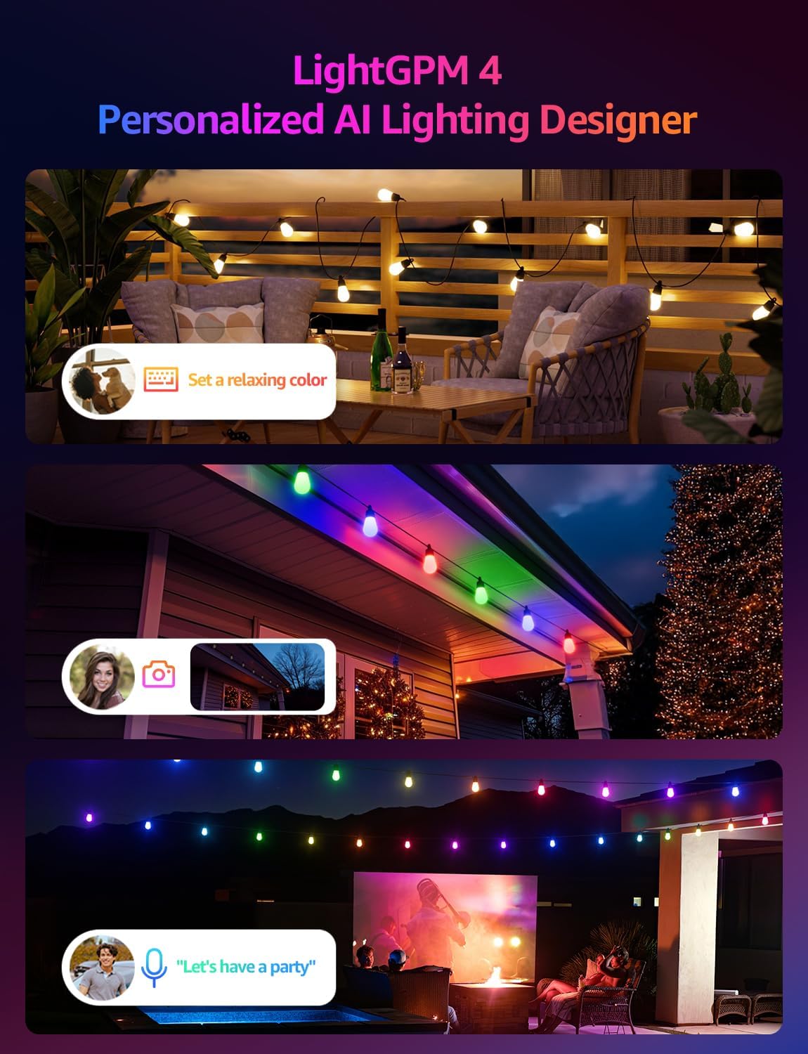 Lepro ZB1 AI Outdoor String Lights 30m, Smart Outdoor Lights Waterproof IP65, Dimmable Warm White Garden String Lights, AI Lighting Design Assistant, Works with Alexa, Bluetooth & 2.4G WiFi, No Remote