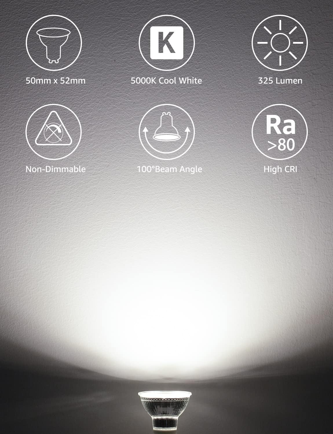 Lepro GU10 LED Bulbs, Cool White 5000K, 50W Halogen Spotlight Equivalent, 4W 325lm Energy Saving GU10 LED Light Bulbs, 100° Wide Beam, Non-dimmable, Pack of 10