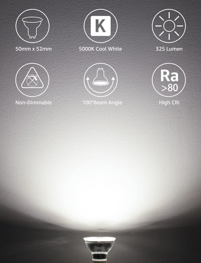 Lepro GU10 LED Bulbs, Cool White 5000K, 50W Halogen Spotlight Equivalent, 4W 325lm Energy Saving GU10 LED Light Bulbs, 100° Wide Beam, Non-dimmable, Pack of 10