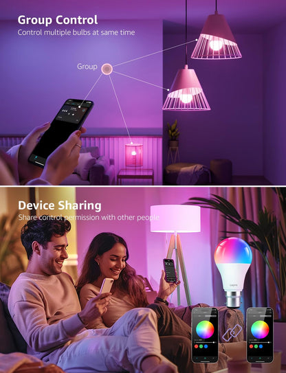 Lepro B2 AI Smart Bulb E27, 1100LM Music Sync Smart Screw Bulb, Voice Control Colour Changing Light Bulbs, AI Lighting Design Assistant,Bluetooth & WiFi Bulb,Work with Alexa & Google Assistant,4 Packs