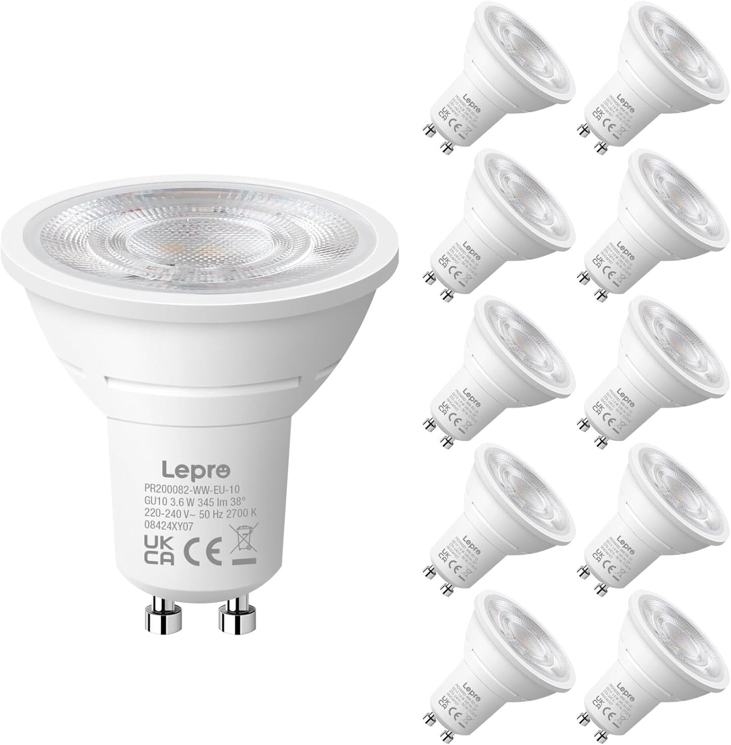 Lepro GU10 LED Bulbs, Warm White 2700K, 4W 345lm Energy Saving Light Bulbs, 50W GU10 Halogen Spotlight Bulbs Equivalent, 38° Narrow Beam, No Flickering, Non-dimmable, Pack of 10