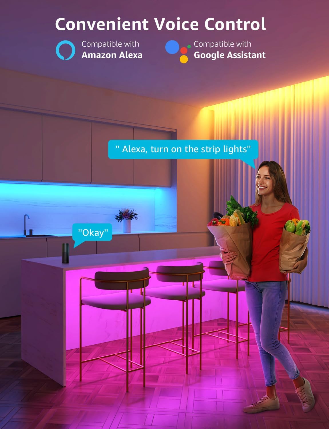 Lepro Alexa Smart LED Strip Light 5M, WiFi RGB LED Lights for Bedroom, Smart Life App Control, Works with Alexa & Google Assistant, Colour Changing Strip Lights for Kitchen Party Christmas