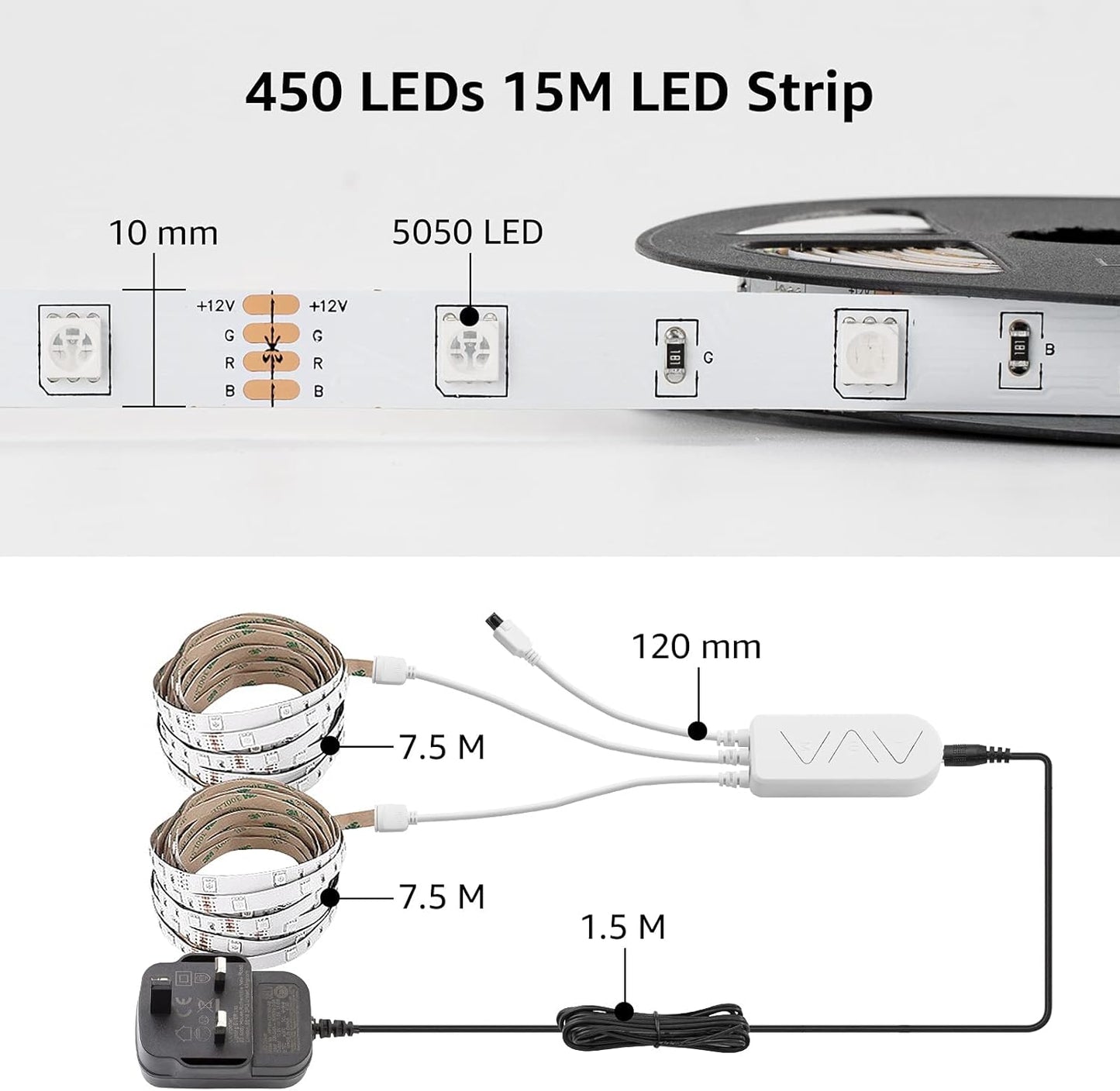 Lepro LED Strip Lights Music Sync 15M (2x7.5M), 5050 RGB Colour Changing LED Strip with Remote and Plug, Dimmable Stick on LED Lights for Bedroom, Kitchen, Party, Teen Girl Kids Room Decor