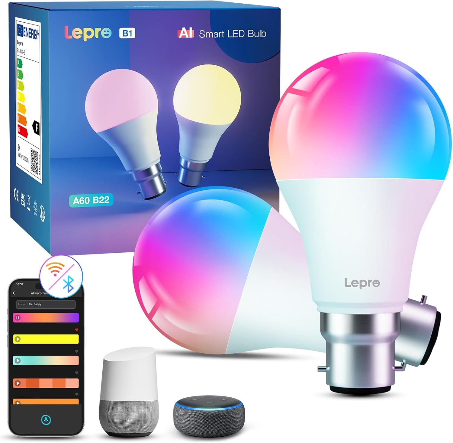 Lepro B1 AI Smart Bulb Bayonet, Music Sync B22 WiFi Bulbs, Voice Control, AI Lighting Design Assistant, Dimmable, Bluetooth Colour Changing Light Bulb, Work with Alexa & Google Assistant, 2 Packs (2)