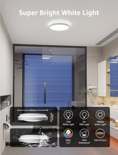 Lepro T1 AI Smart Ceiling Light 24W, Music Sync, Voice Control, AI Lighting Design Assistant, Waterproof Bathroom Light, Bluetooth WiFi Color Changing Ceiling Light, Work with Alexa, Google Home, 29CM